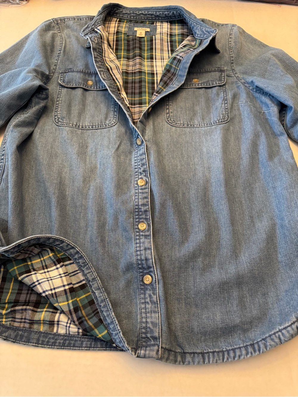 L.L. Bean Light Blue Denim Button-Down Shirt with Plaid Lining